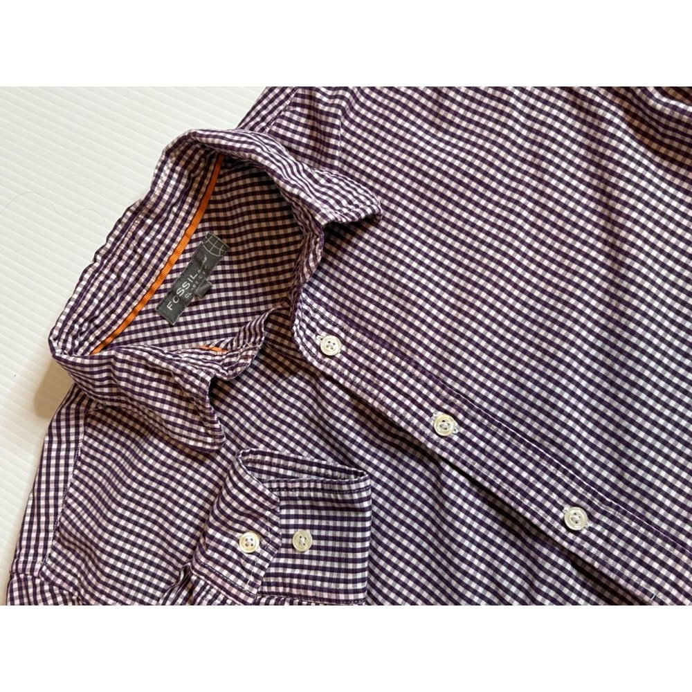 Fossil Classic Fit Mens Medium Long Sleeve Purple Gingham Button Up Shirt